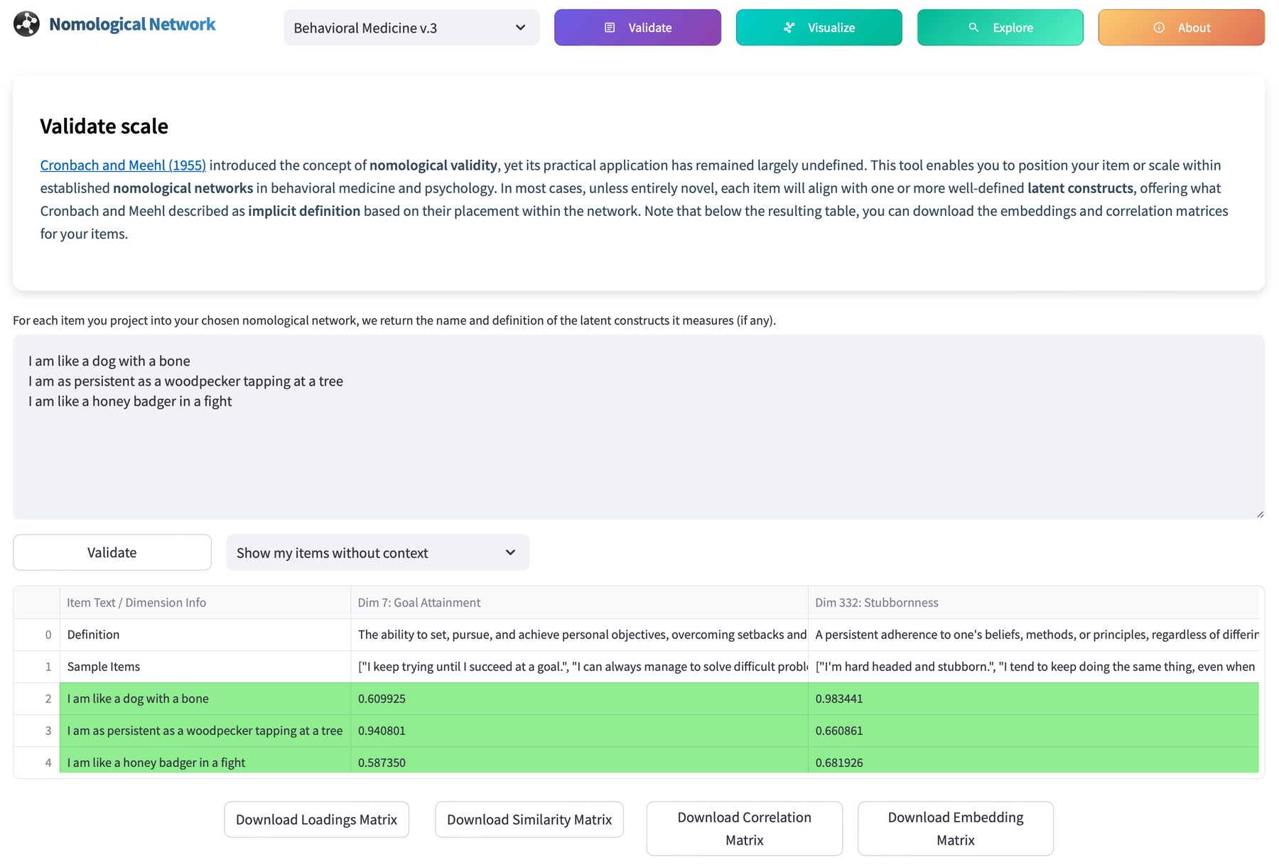 Validate screen of nomologicalnetwork.org: three playful indicators such as 'I am like a honey badger in a fight' are projected into the network and load on Goal Attainment and Stubbornness