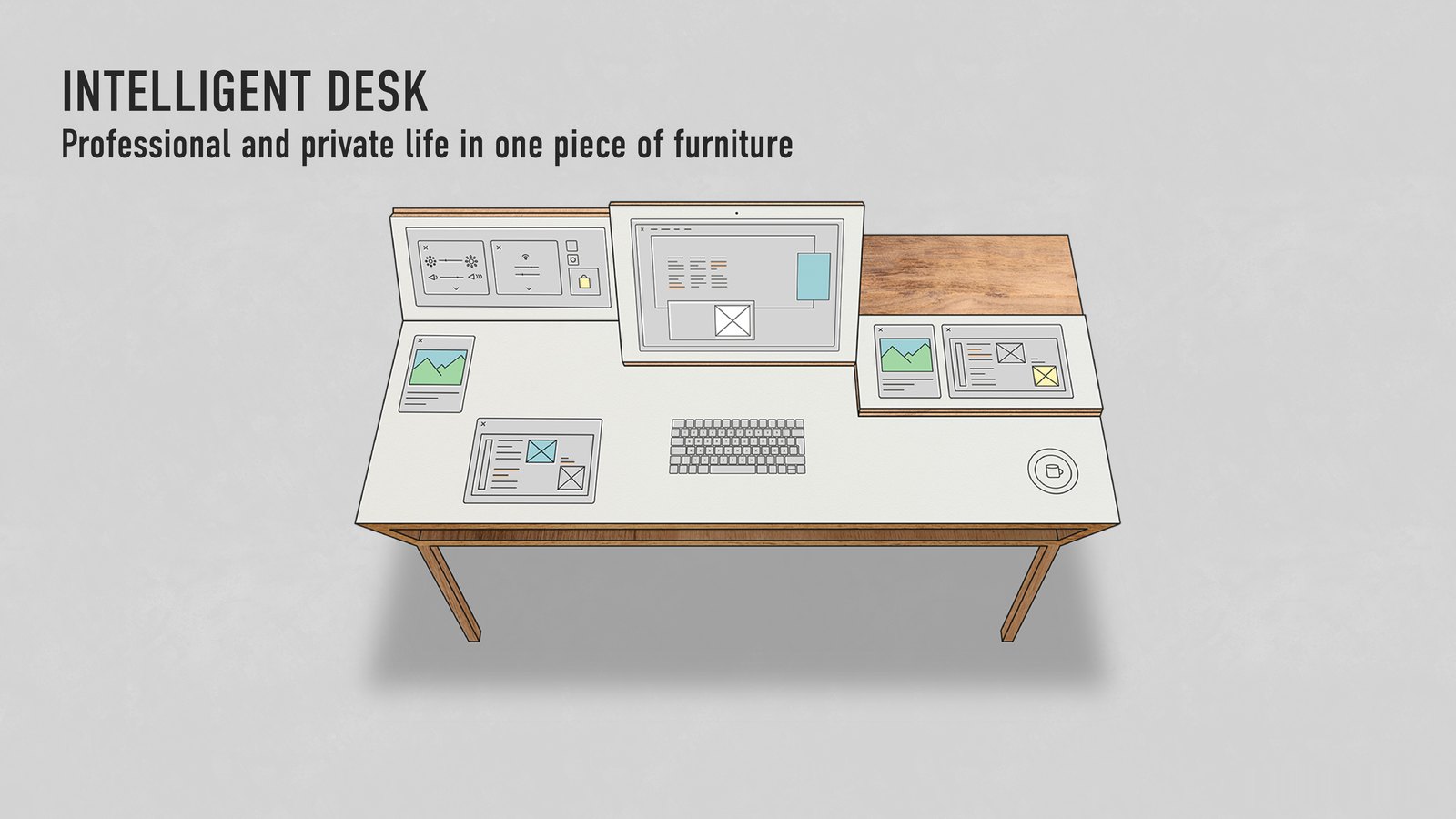 Rendering of the Intelligent Desk: a wooden desk with an integrated digital work surface