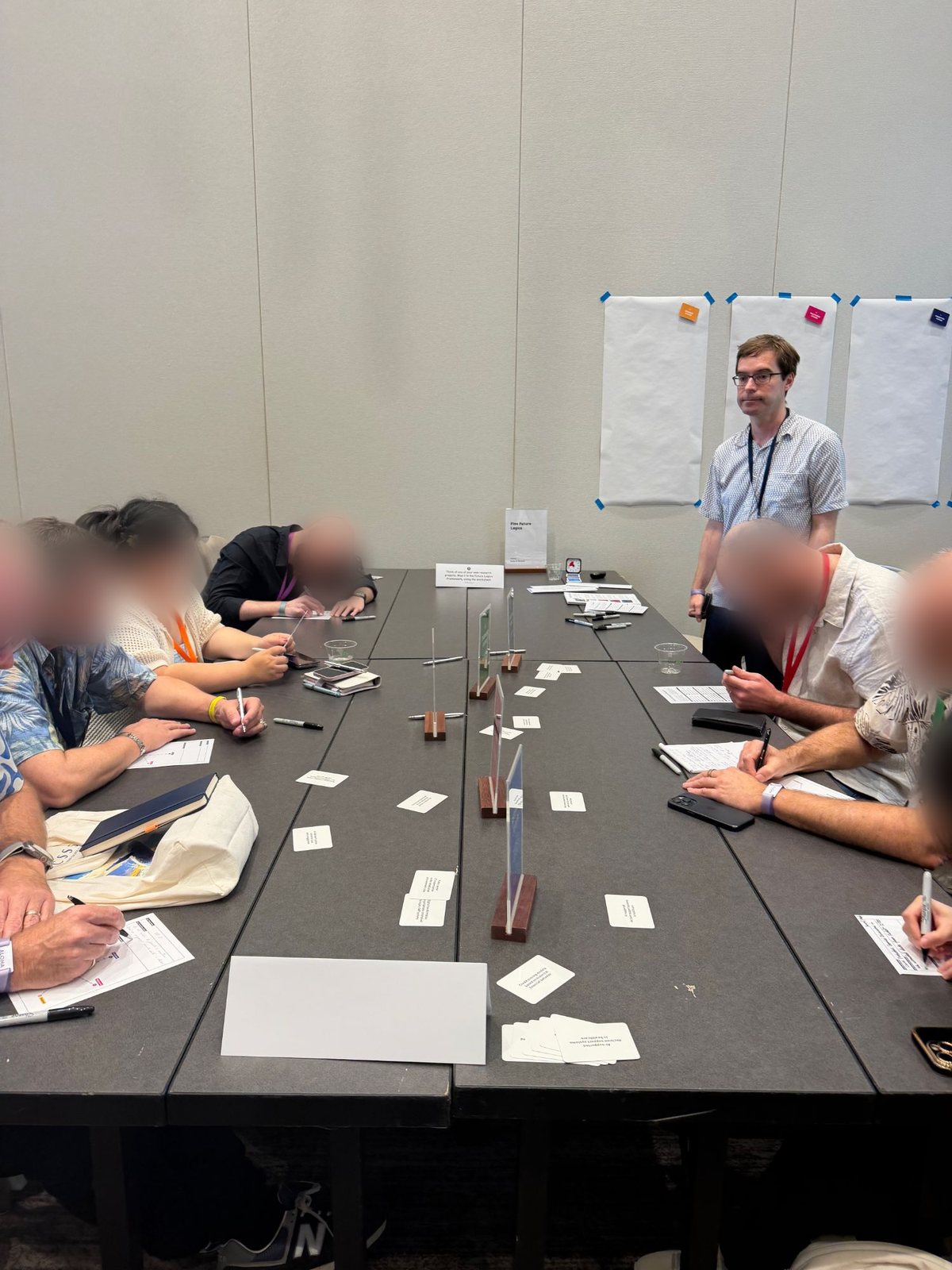 Participants at a long table mapping their research projects onto the Five Future Logics framework with worksheets and scenario cards, while Roland M. Mueller stands at the table; participants' faces blurred