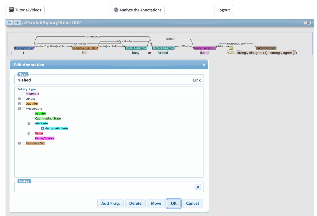 Screenshot of the BRAT-based coding tool with an annotated indicator and a dialog for choosing entity types