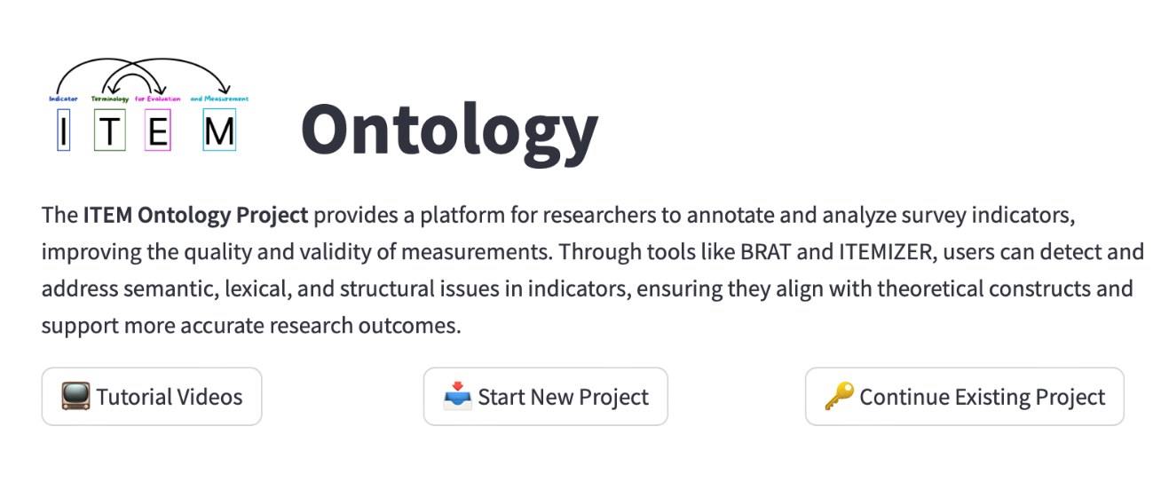 Start page of itemontology.org with the ITEM logo and buttons for documentation, tutorial videos, starting a new project and continuing an existing project