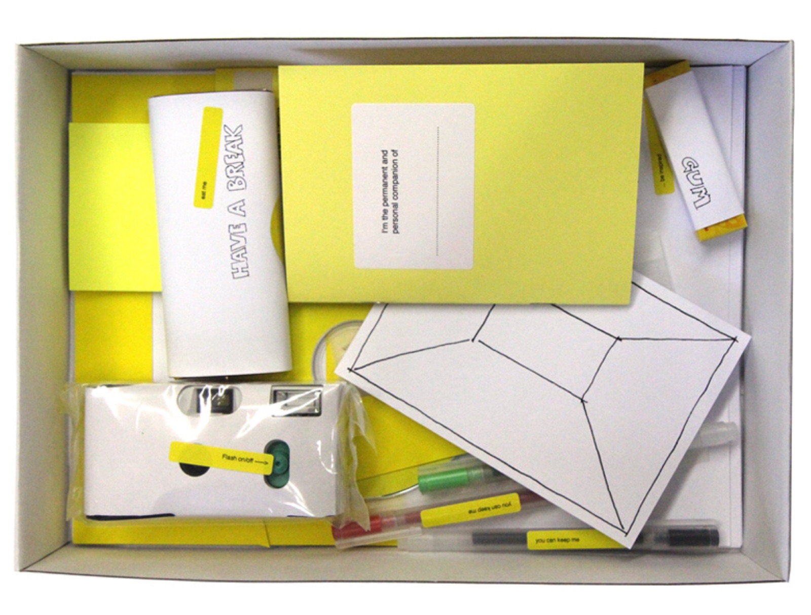 An opened cultural probes box with a disposable camera, a diary, floor plans, postcards and pens