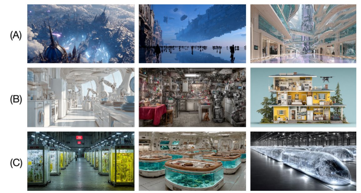 Three rows of AI-generated images: (A) a vast metaverse world in 2085 with floating cities and glass arcades, (B) a world in which everything in life is automatic, with robot kitchens and a cut-away automated house, (C) a futuristic life-support facility in 2085 with glass pods, aquaria and transparent capsules